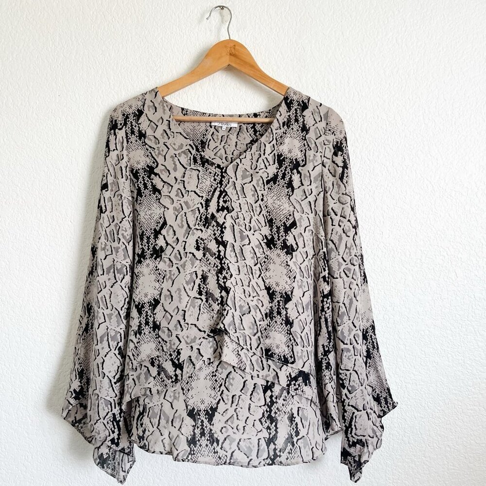 Parker Blouse XS Silk Snakeskin Bell Sleeve Asymmetrical Layered Tiered Blouse